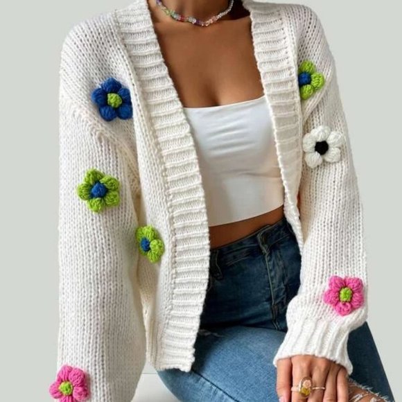 Flower Detailed Open front Knit Sweater Cardigan - Picture 6 of 6